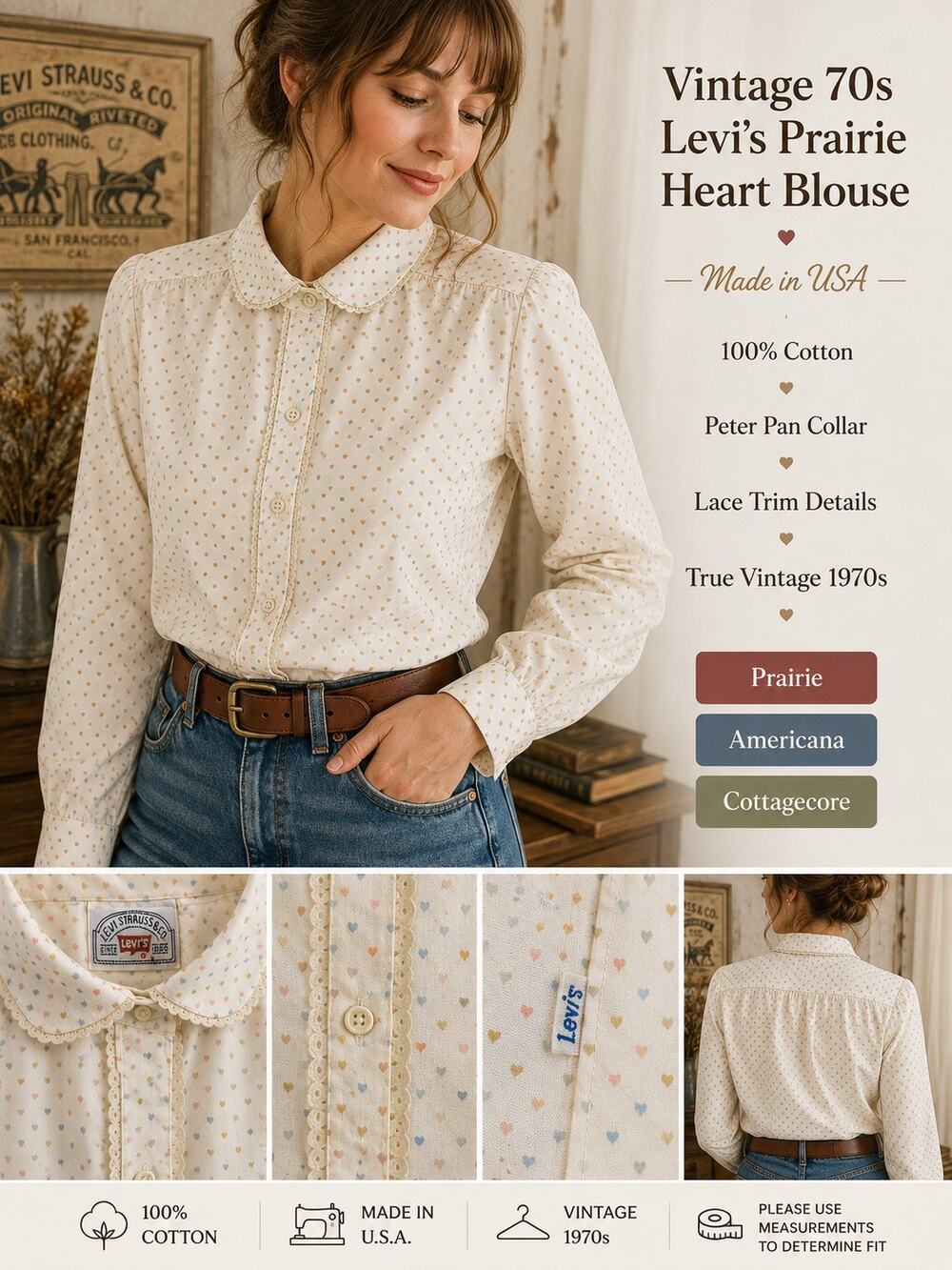 Vintage 70s Levis Prairie Blouse Womens Heart Print Lace Cotton Made USA Sz XS/S